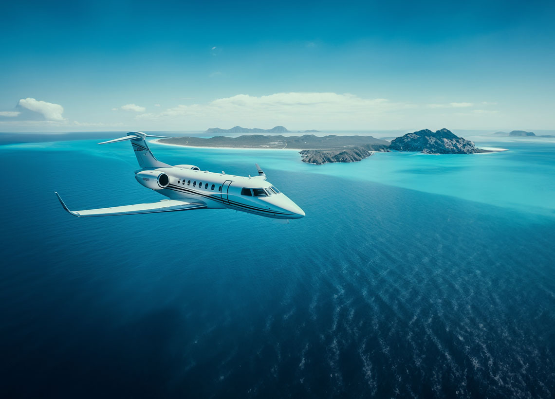 exklusiver Learjet über Südsee Inseln